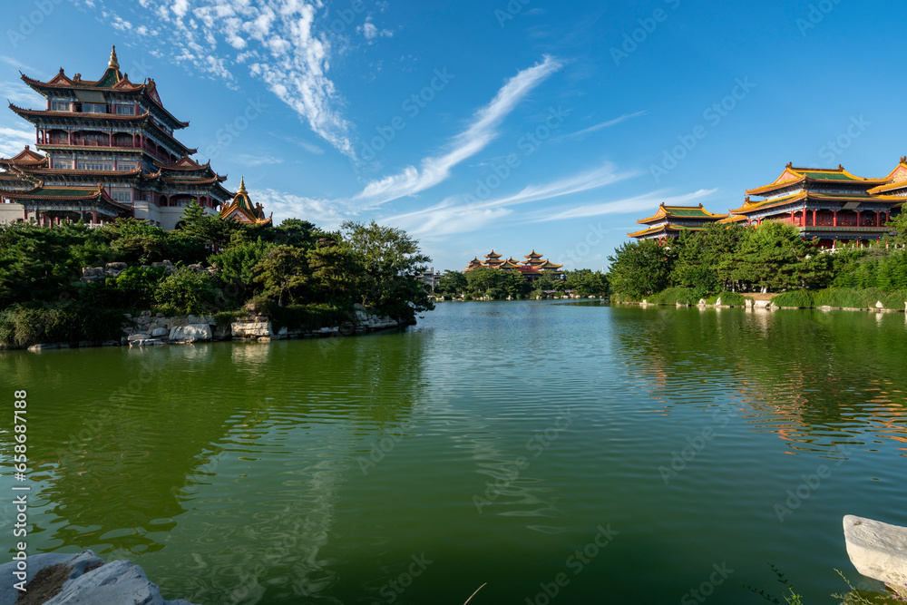 Palace on Lake, Beautiful Penglai San Xian Mountain, Shandong, China Palace on Lake, Beautiful Penglai San Xian Mountain, Shandong, China