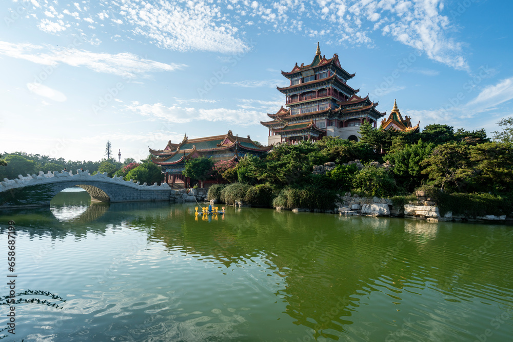 Palace on Lake, Beautiful Penglai San Xian Mountain, Shandong, China Palace on Lake, Beautiful Penglai San Xian Mountain, Shandong, China