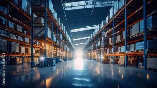 large logistics storage warehouse with many high shelves