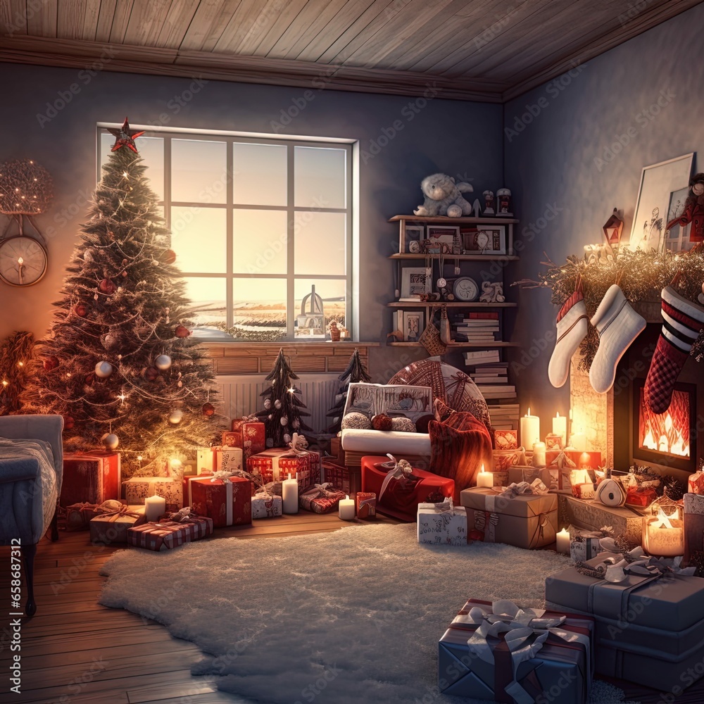 Christmas tree, fireplace, gifts