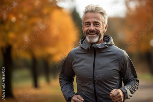 Smiling man in sportswear jogging in the park