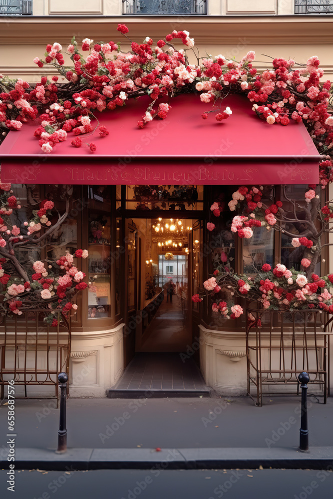 Blossoming Storefront: A Charming Display of Floral Elegance,building in the city,flowers on a street