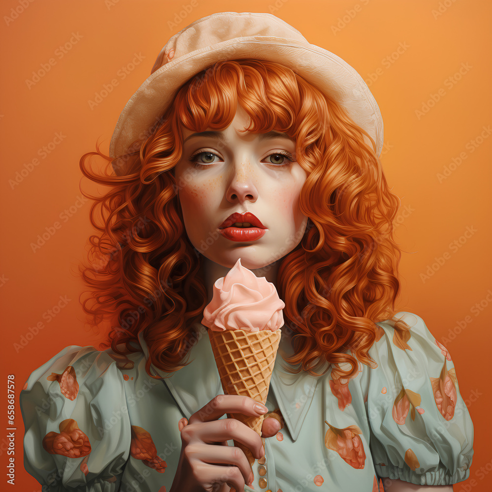 Woman eating ice cream in a cone with orange background generated by ai