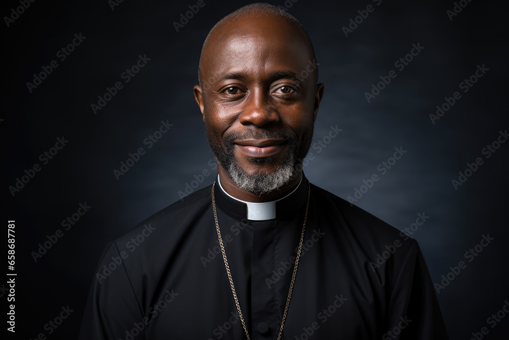 Portrait of a smiling African American Catholic priest in robes - obrazy, fototapety, plakaty 