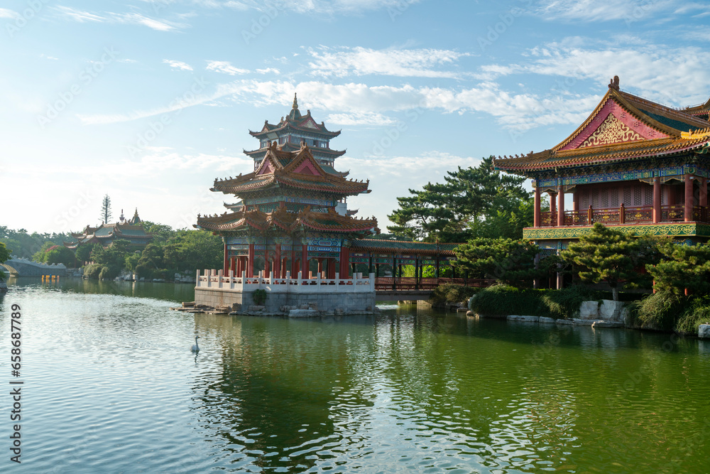 Palace on Lake, Beautiful Penglai San Xian Mountain, Shandong, China Palace on Lake, Beautiful Penglai San Xian Mountain, Shandong, China