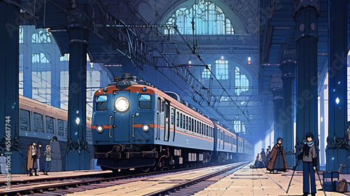 Cityscape Commute: Anime-style Illustration of an Animated Train Station, Generative AI