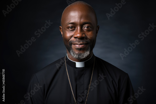 Portrait of a smiling African American Catholic priest in robes