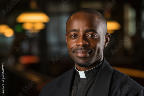 Portrait of a smiling African American Catholic priest in robes. Copy space for text