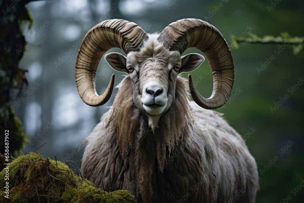 male bighorn sheep ram in green forest male bighorn sheep ram in green forest
