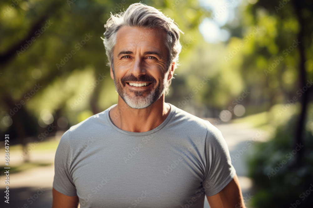 Smiling senior man jogging in the park Smiling senior man jogging in the park