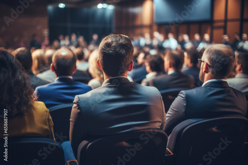 Audience of businessmen at educational courses in the conference hall or seminar meeting