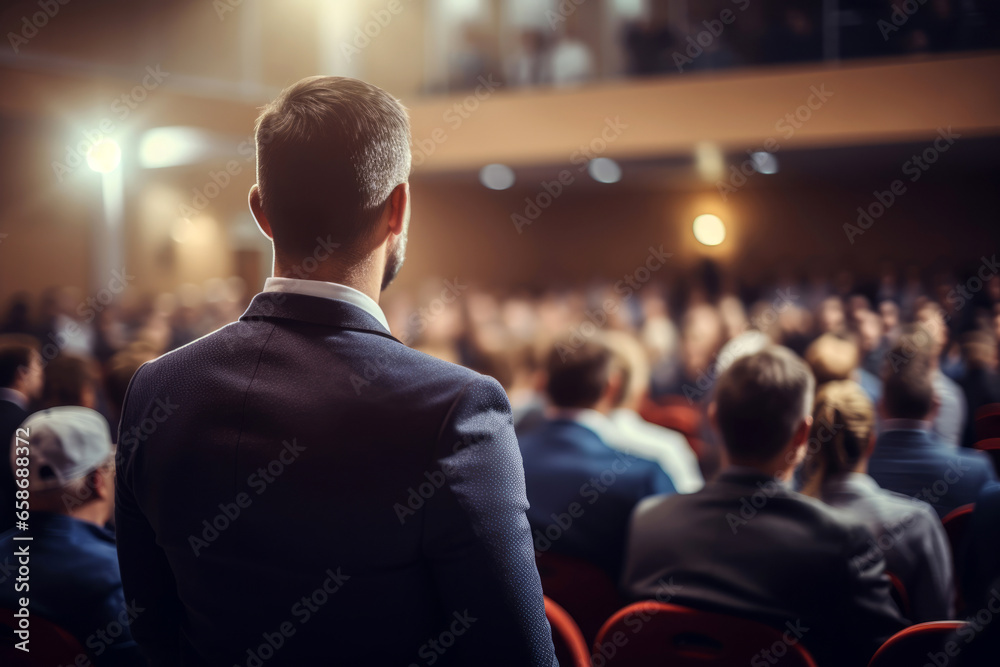 presenter speaks to businessmen at educational courses in the conference hall or seminar meeting presenter speaks to businessmen at educational courses in the conference hall or seminar meeting