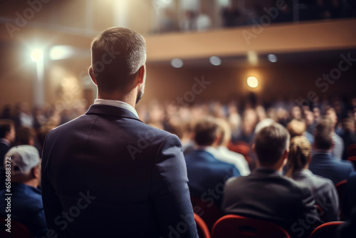 presenter speaks to businessmen at educational courses in the conference hall or seminar meeting