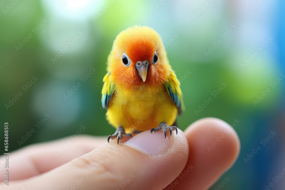 Obraz premium Tiny miniature colored parrot on hand