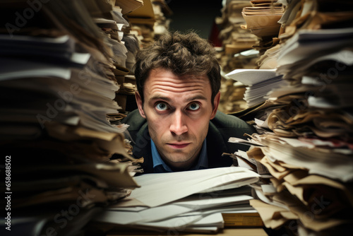 Tired businessman peeks out from behind huge stacks of paper documents