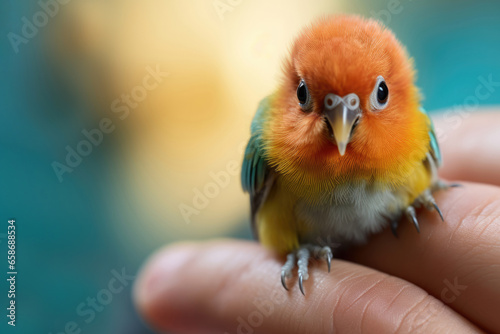 Tiny colored parrot on hand