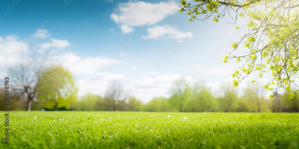 Fototapeta premium Forest Glade With Trees On The Horizon On A Blue Sky Background Created Using Artificial Intelligence