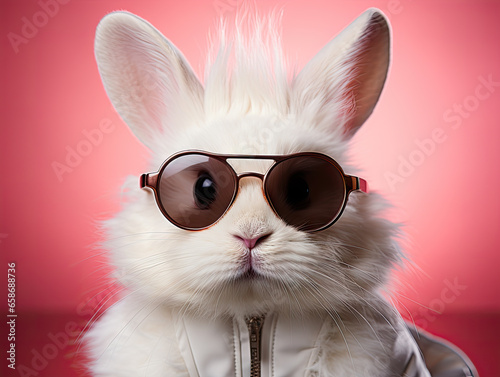 Stylish White Bunny Rabbit with Sunglasses: Vibrant Pink Background Portrait