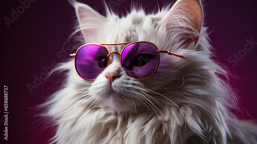 White cat wearing purple sunglasses on purple background