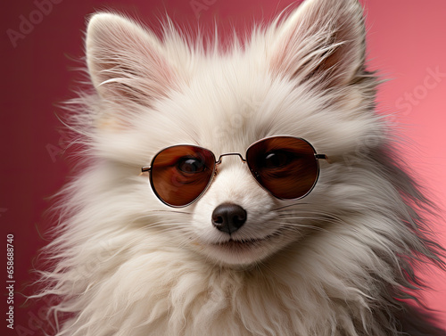 White Arctic Fox wearing Sunglasses on Pink background © Tony