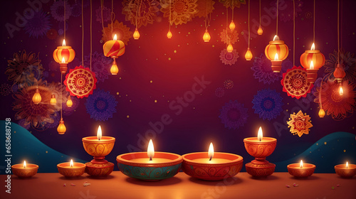 Happy Diwali Celebration Background decorated with candle, lamp, and diyas. Hindu Festival Deepawali Greeting Cards banner template photo