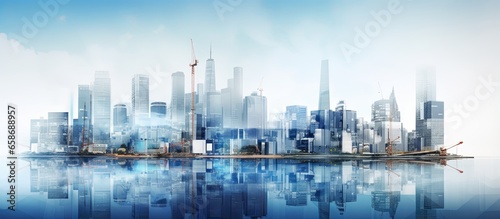 multi exposure of industrial and building constuction city infrastructure background modern building crane and constrction equipment overlay with building engineering concept photo