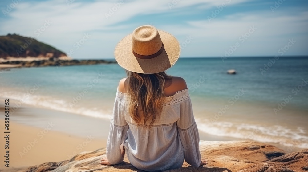 rear view of travel influencer vlogger woman walking along near beach sand seaside travel concept daylight moment