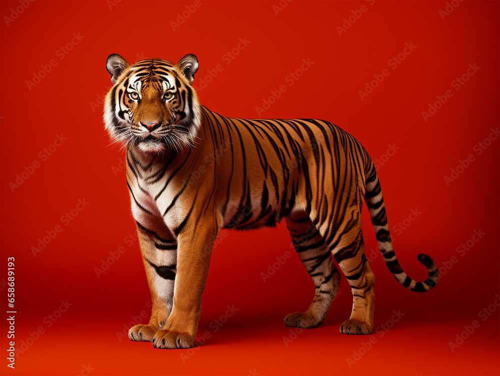 Obraz premium tiger standing on red background
