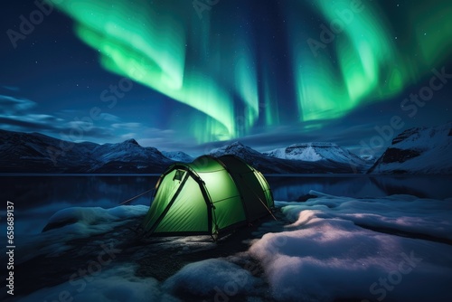 Camping under the Northern Lights with a tent - Nature's Theater - AI Generated