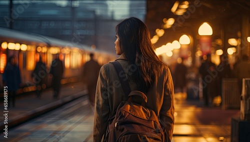 rear view of solo traveller female woman backpack voyage ready to travel by trian railroad vehicle transport she waiting for train schedule at platform train station