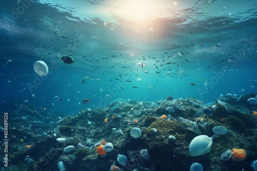Concept depicting ocean plastic pollution, problem of plastic and microplastic on water. Generative AI