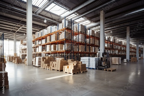 Spacious warehouse, tall shelves, products. Generative AI
