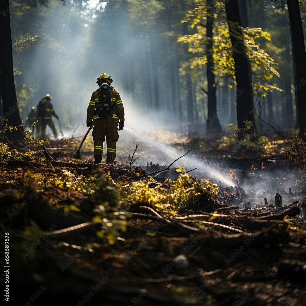 Naklejka premium A professional firefighter extinguishes the flame. A burning forest and a man in a firefighter's uniform, rear view. Concept: Fire has engulfed nature, danger of arson.