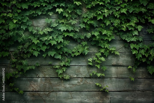 An old  weathered wooden wall  brimming with character from natural imperfections  is adorned with lush green leaves. Arranged artistically  the leaves inject movement and dynamism
