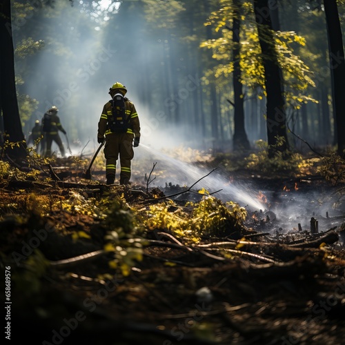 A professional firefighter extinguishes the flame. A burning forest and a man in a firefighter's uniform, rear view. Concept: Fire has engulfed nature, danger of arson.