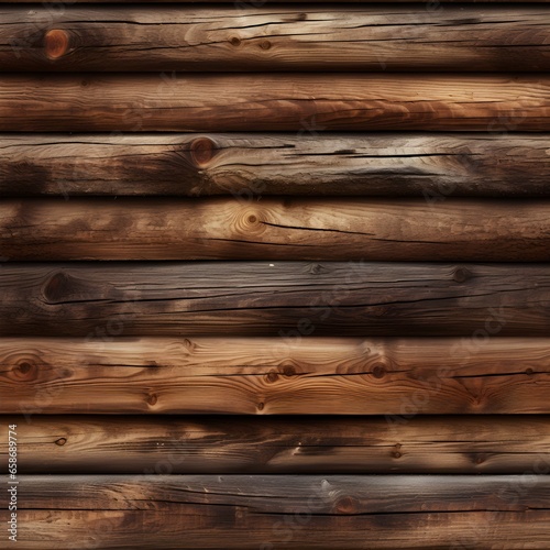 Seamless natural wood log cabin wall background texture. Rustic old grunge brown redwood timber logs tileable repeat surface pattern. A high resolution construction backdrop.. Generative AI