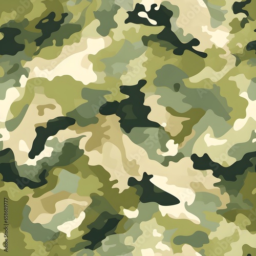 Seamless rough textured military, hunting, paintball camouflage pattern in a light forest sage green khaki palette. Tileable abstract contemporary classic camo fashion textile surface. Generative AI