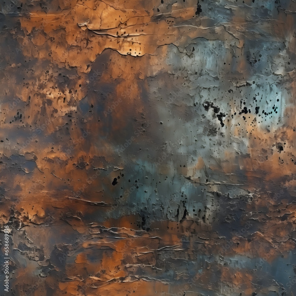 Seamless old worn grungy dark rusted and corroded copper metal patina background texture. Tileable steampunk wallpaper pattern or vintage antique bronze backdrop. Generative AI Seamless old worn grungy dark rusted and corroded copper metal patina background texture. Tileable steampunk wallpaper pattern or vintage antique bronze backdrop. Generative AI