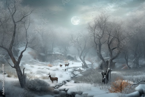 Enchanting winter scene filled with magical creatures and a sense of mystery. Generative AI © Idris