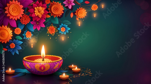 Happy Diwali Celebration Background decorated with candle, lamp, and diyas. Hindu Festival Deepawali Greeting Cards banner template