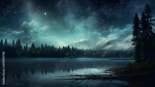 a serene night sky reflecting on a peaceful lake