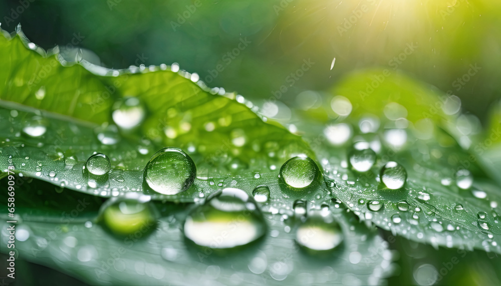 Water Droplets on Sunlit Green Leaf, Macro Water Droplets on Sunlit Green Leaf, Macro