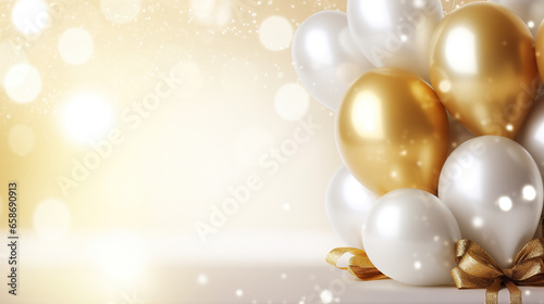 White and gold balloons background with copy space. AI