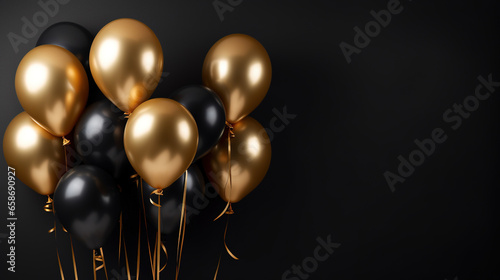 Black and gold balloons background with copy space. AI