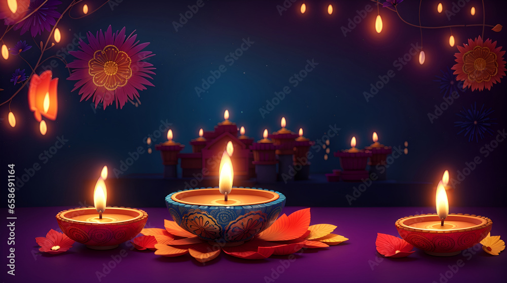 Happy Diwali Celebration Background decorated with candle, lamp, and diyas. Hindu Festival Deepawali Greeting Cards banner template Happy Diwali Celebration Background decorated with candle, lamp, and diyas. Hindu Festival Deepawali Greeting Cards banner template