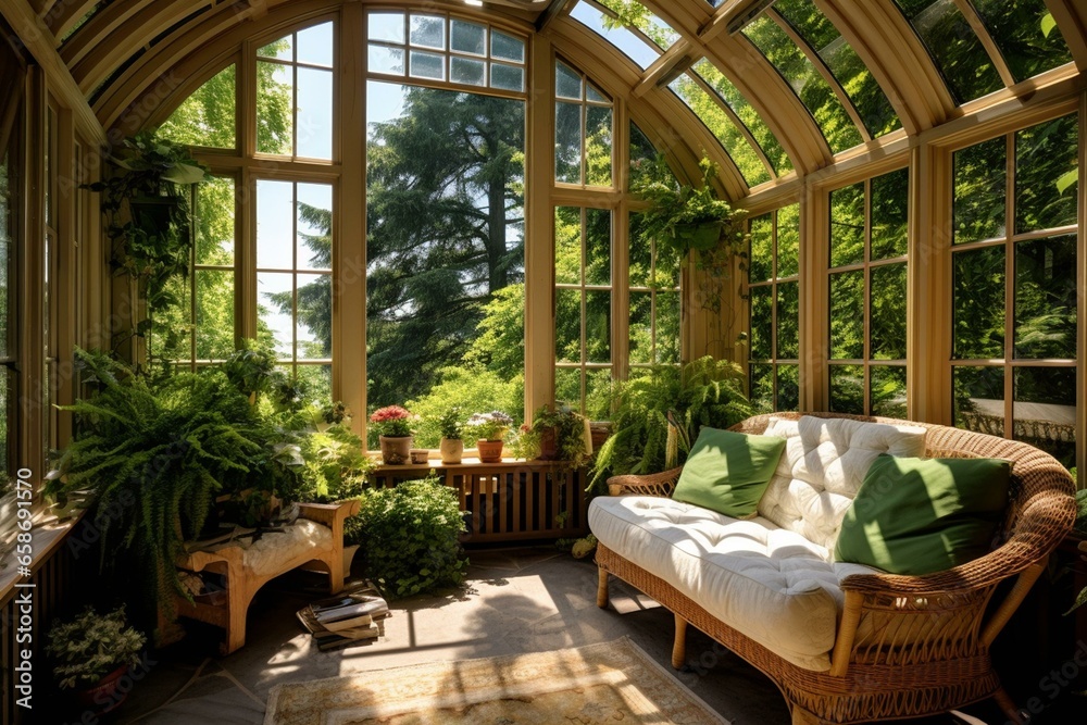 Beautiful sunroom in a cozy cottage adorned with abundant greenery. Generative AI