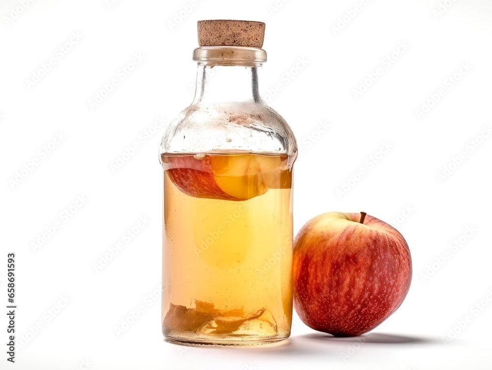 Apple cider vinegar in glass bottles and fresh apples isolated on white background. Apple cider vinegar in glass bottles and fresh apples isolated on white background.