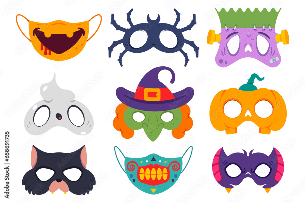 Halloween masks vector cartoon set isolated on a white background.