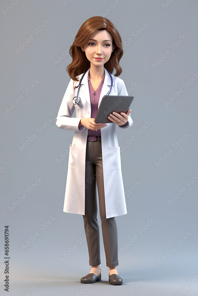 Portrait of Lady Doctor, Women nurse standing in doctor dress uniform with open hair on plain background. Cartoon Character of a Female Doctor 3D Illustration Portrait of Lady Doctor, Women nurse standing in doctor dress uniform with open hair on plain background. Cartoon Character of a Female Doctor 3D Illustration