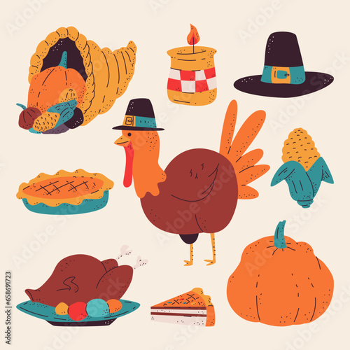 Thanksgiving dinner food and holiday elements vector cartoon set isolated on a white background.